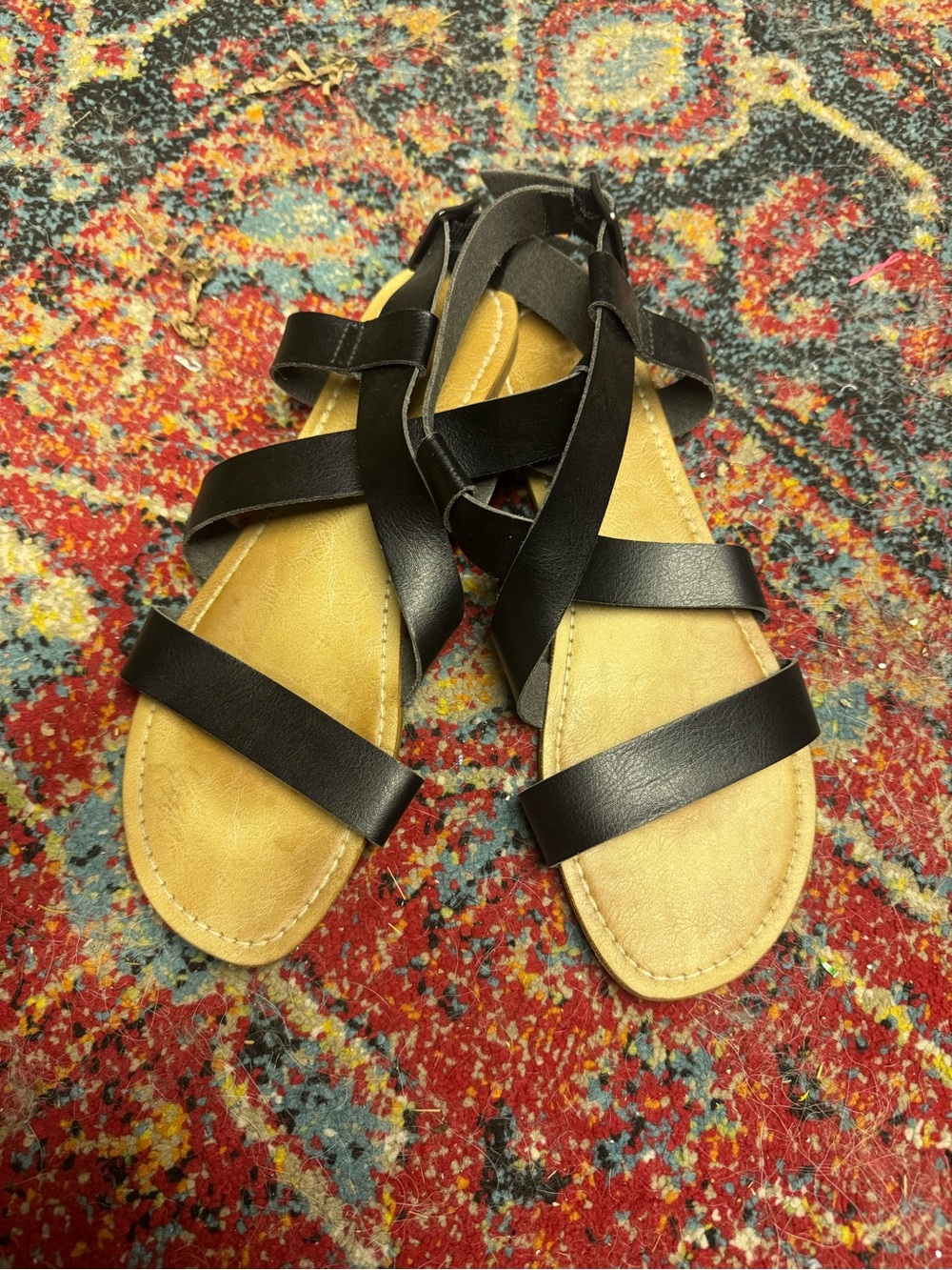 Aeropostale Black Strappy Flat Sandals with Tan Footbed